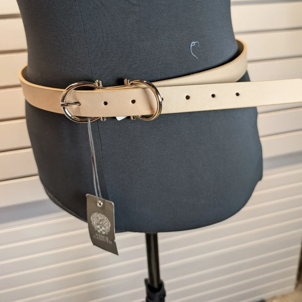 Vince Camuto Double Buckle Vegan Leather Cream Belt Size L NWT